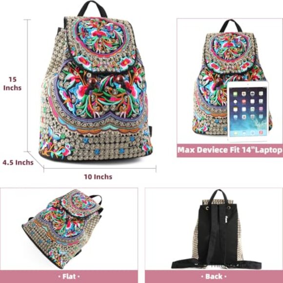 Large Embroidered Canvas Backpack Daypack Travel Bag Adjustable Shoulder Strap main image 4